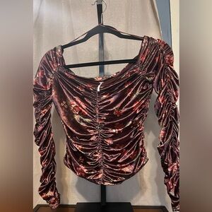 Free People LS Reina floral ruched Merlot blouse